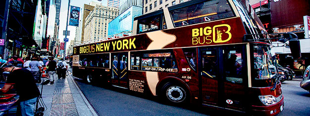 Hopp av og på som du har lyst til med Big Bus-sightseeingbusser i New York. Bestill billettene dine til Big Bus-sightseeing hjemmefra!