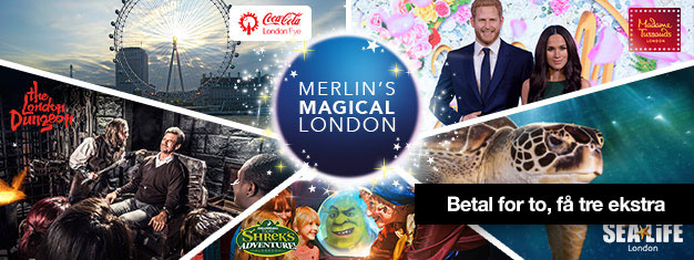 Køb 2 og få 3 ekstra seværdigheder! Besøg Madame Tussauds, London Eye, London Akvarium, Shrek's Adventure og London Dungeon. Bestil dine billetter online!