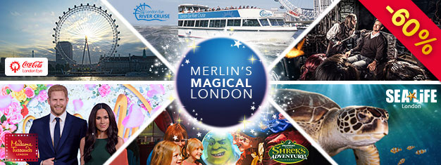 Zapłać za dwie atrakcje i zobacz sześć! Odwiedź Madame Tussauds, London Eye, SEA LIFE, Shrek’s Adventure, London Dungeon i udaj się w rejs London Eye Cruise.