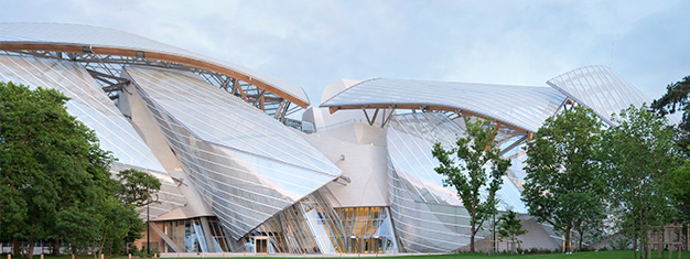 Entrance logo welcomes visitors to the Fondation Louis Vuitton in