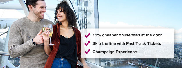 Save 15% when you book your London Eye with champagne here! Skip the line to London Eye and enjoy a glass of champagne on your ride! Book online!

