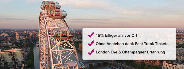 Sparen Sie hier 15% auf Ihre Buchung für das London Eye mit Champagner! Schlange überspringen und dann ein Glas Champagner im Riesenrad genießen! Online buchen!