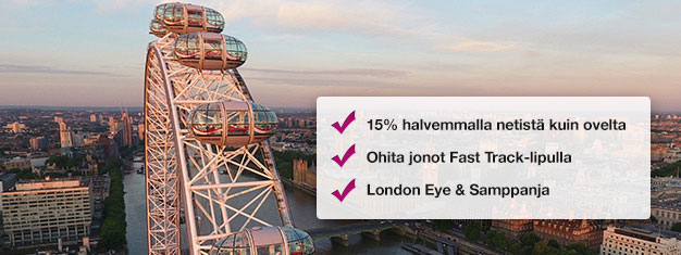 Säästä 15% varatessasi London Eyen samppanjakokemuksen täältä. Ohita jonot London Eyehin ja nauti lasillinen samppanjaa matkan aikana! Osta netistä!