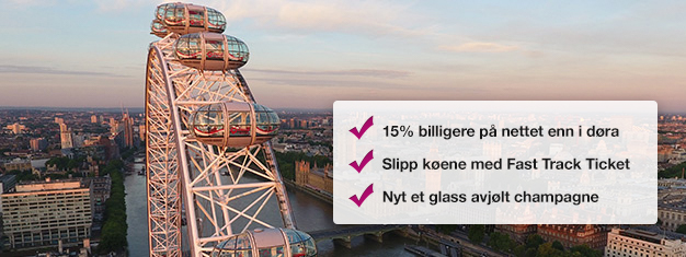 Spar 15 % når du bestiller dinn tur til London Eye med champagne her! Hopp over køen til London Eye og nyt et glass med champagne på turen din! Bestill på nettet!