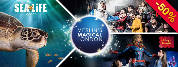 Spar 50 % på tre av Londons kuleste attraksjoner - Madame Tussauds, London Dungeon & SEA LIFE London! Denne 3-i-1 London kombinasjonspakken er kun tilgjengelig på nett!