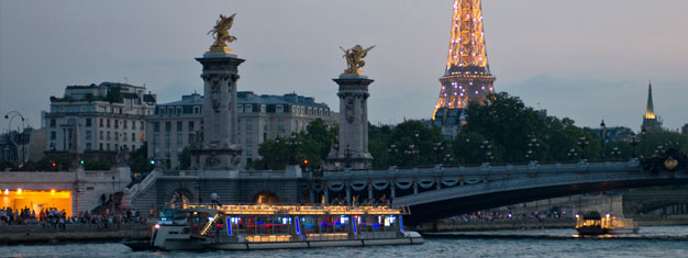 Enjoy a ldelicious dinner in the Eiffel Tower, followed by a relaxing evening cruise along the Seine. Book online and skip the line at the Eiffel Tower.