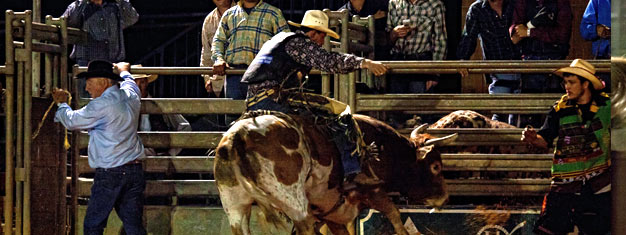 Upplev en riktig Vilda Western ranch med en gammaldags traktordragen höskrinda, en läcker BBQ middag och ett rodeo spektakel! Boka dina biljetter hemifrån!